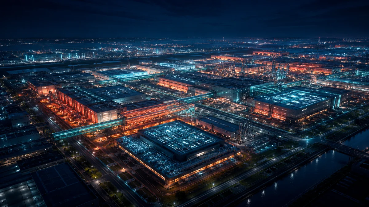 A vast futuristic semiconductor fabrication complex glowing at night, symbolizing a massive investment
