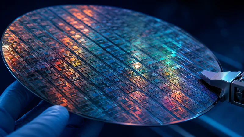 A close-up of a glowing silicon wafer covered in memory chips, representing Korea's chip dominance