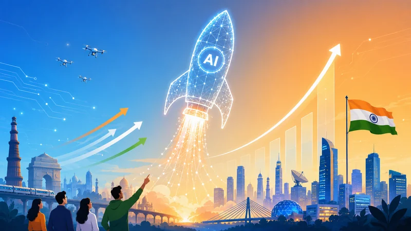India's AI ambitions rising — a rocket made of AI nodes over a city skyline