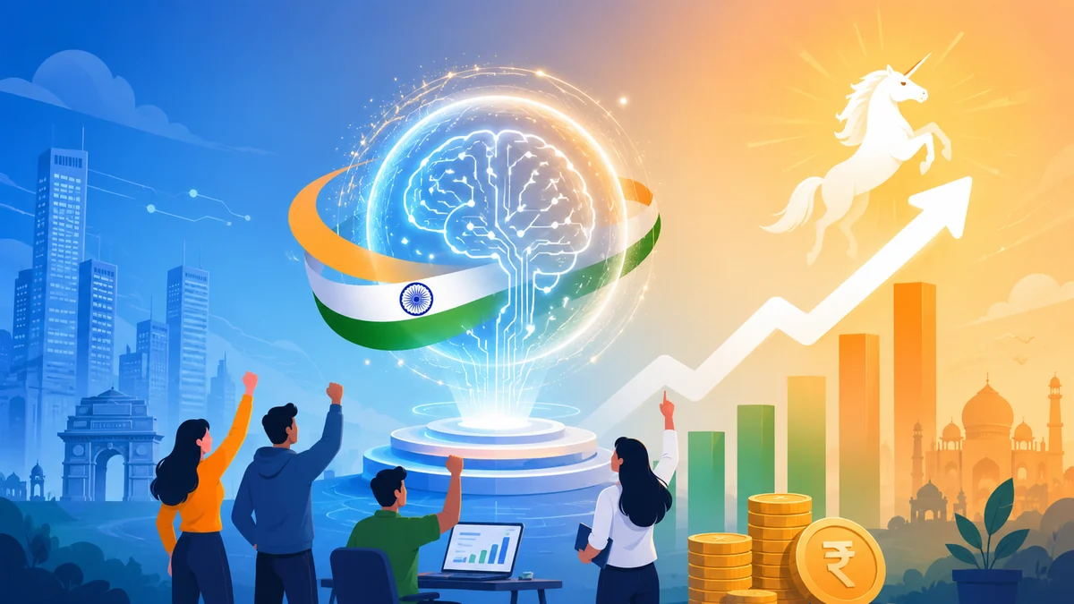 Sarvam AI becomes India's newest AI unicorn — Indian flag colors, AI orb and rising funding chart