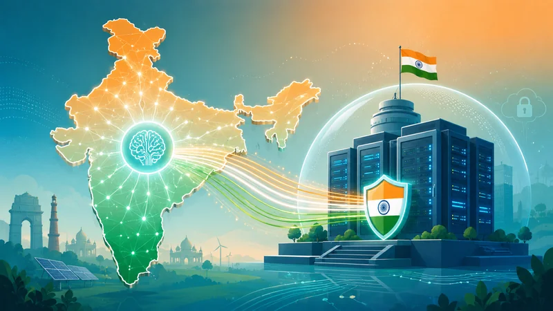 Concept of sovereign AI in India — data center and Indian map with AI network