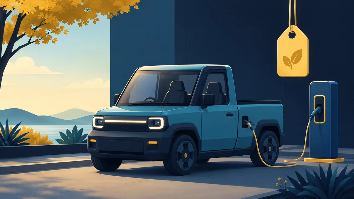A simple boxy two-seat electric pickup truck parked and charging