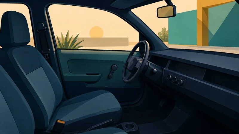 A deliberately bare-bones EV interior with crank windows and a minimal dashboard