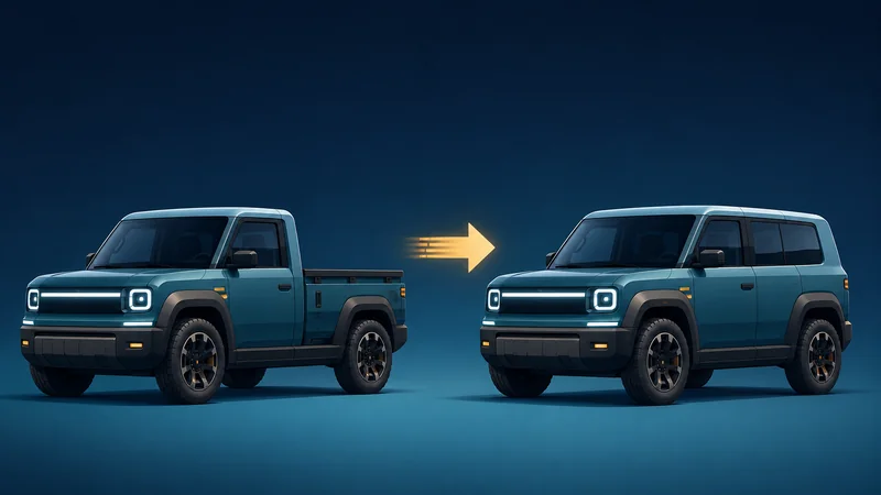 A modular electric vehicle converting from a pickup truck into an SUV