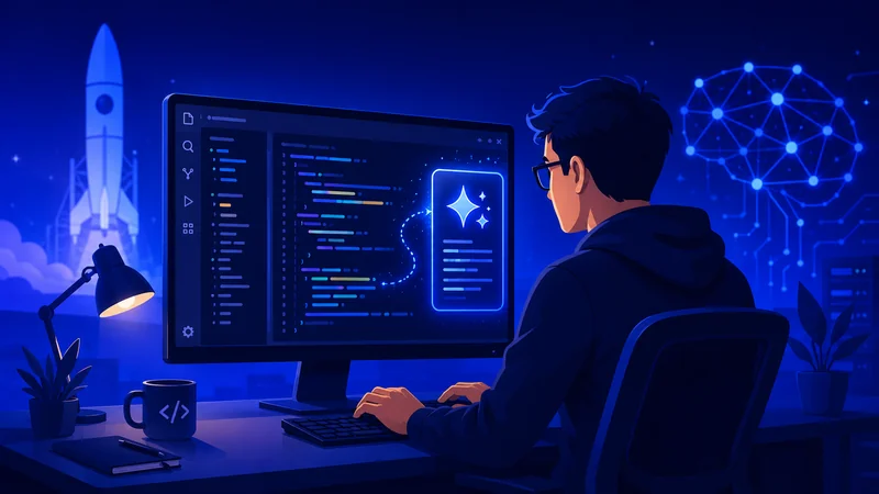 A developer using an AI code editor with a SpaceX rocket and xAI motif in the background