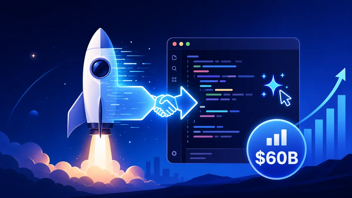 SpaceX acquires AI coding startup Cursor — a rocket merging with a code editor and AI symbols