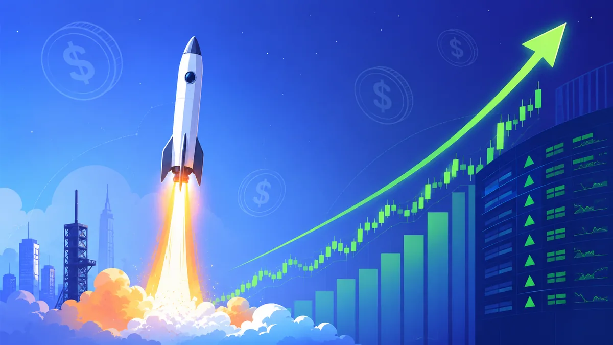 A rocket launching alongside a rising stock chart, symbolizing the record SpaceX IPO