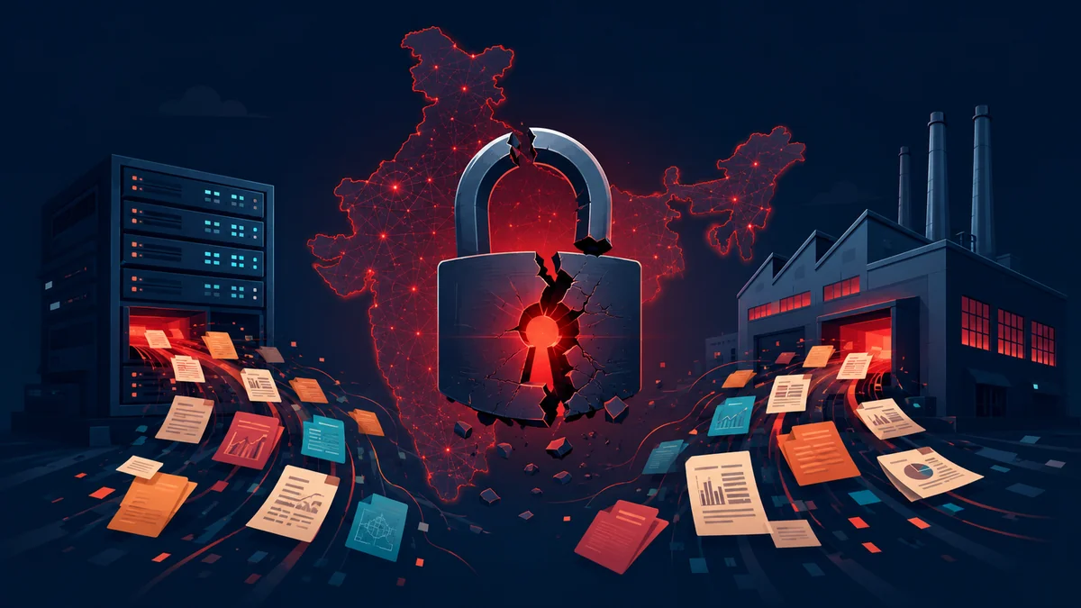 A broken padlock with confidential files streaming out of a server, over a map of India