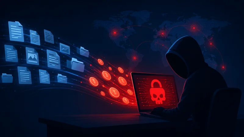 A faceless hooded figure at a laptop with a red lock-and-skull symbol and stolen files, representing cyber extortion