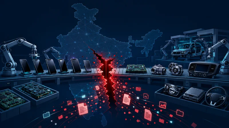 An electronics factory assembly line with a glowing red breach and data leaking, over a map of India