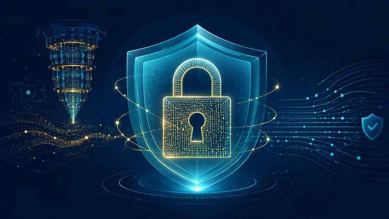 A padlock made of binary code being protected by a quantum-resistant shield