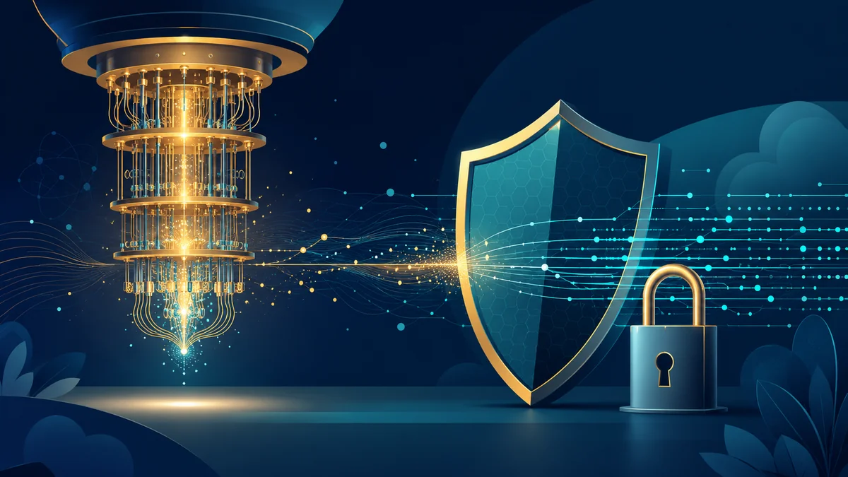 A glowing quantum computer core with qubits, beside a shield protecting digital data