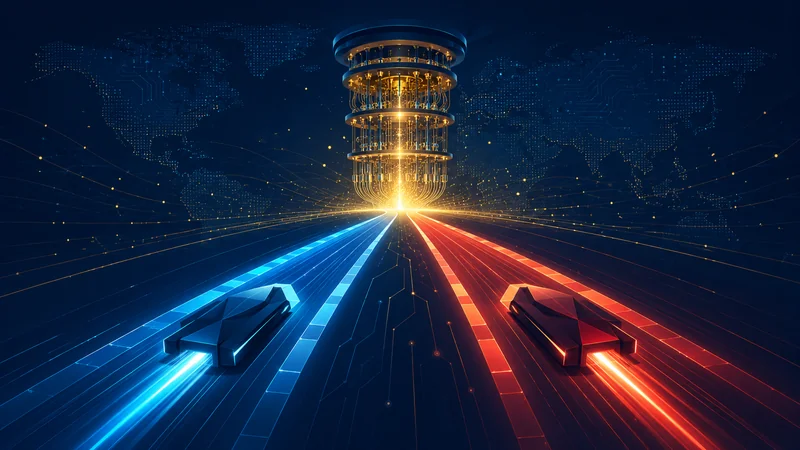 Two national flags racing toward a glowing quantum computer, symbolizing the US-China quantum race