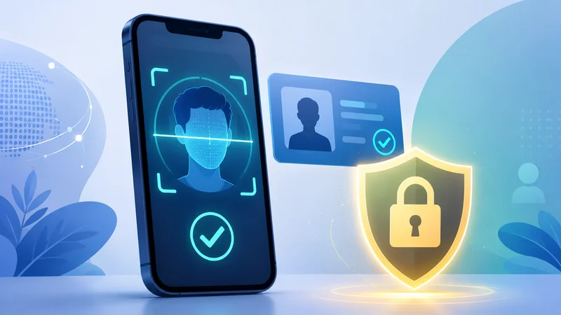 A smartphone showing an online age-verification check with an ID card and biometric face scan