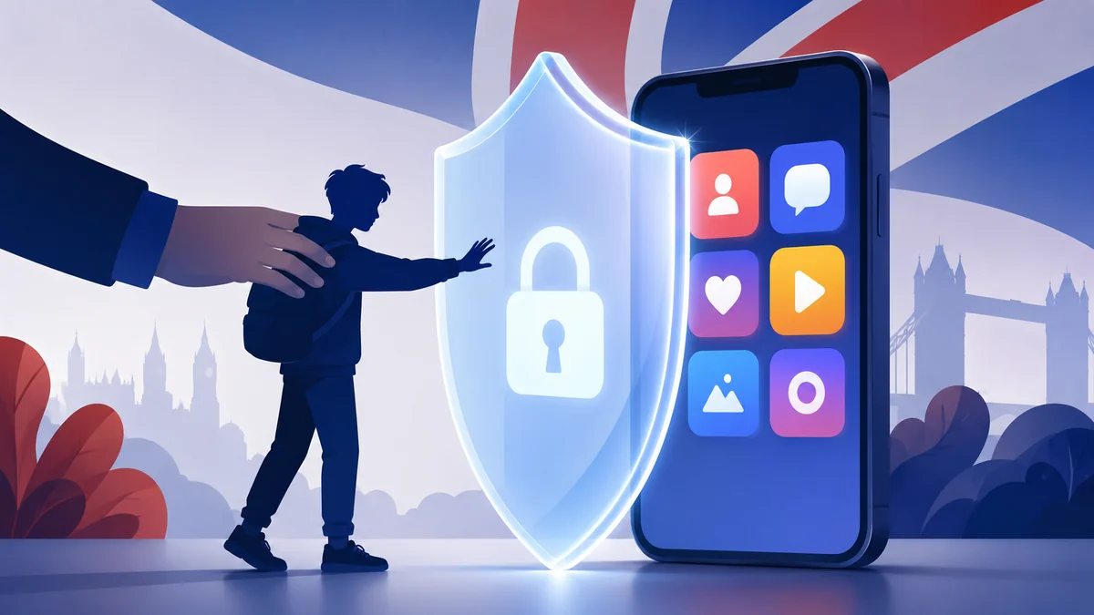 A smartphone with social app tiles behind a protective shield and padlock, blocking a young user
