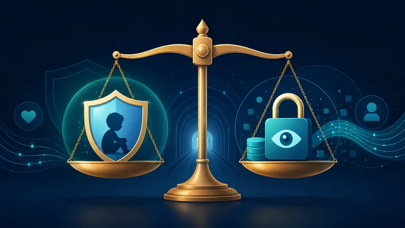 A balance scale weighing a child-safety shield against a privacy padlock, with VPN and data motifs
