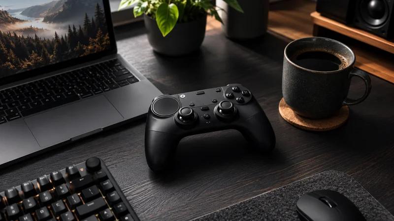 Person playing a PC game on the couch with a wireless controller in 2026