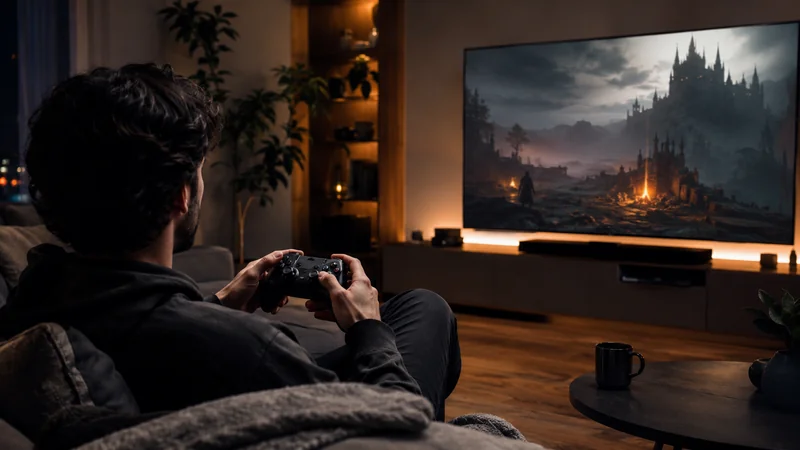 Couch PC gaming setup with a wireless controller and a TV in the background