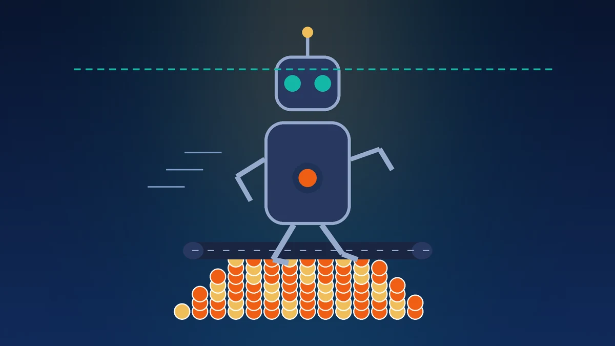 A robotic AI agent running on a treadmill going nowhere on top of a giant pile of money