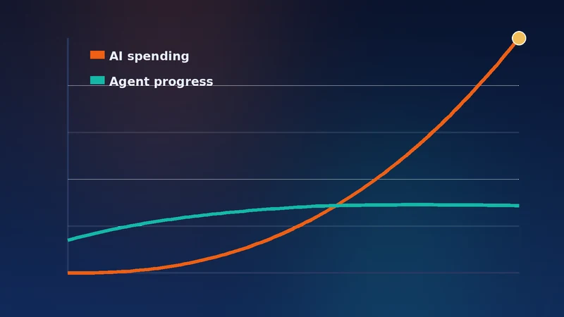 A chart with a steep rising orange spending line and a flat teal AI-progress line