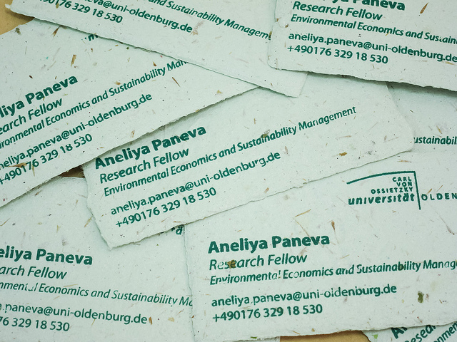 Green handmade paper business cards