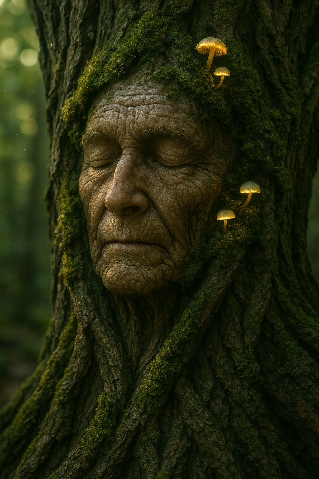 elderly face seamlessly emerging from the gnarled bark