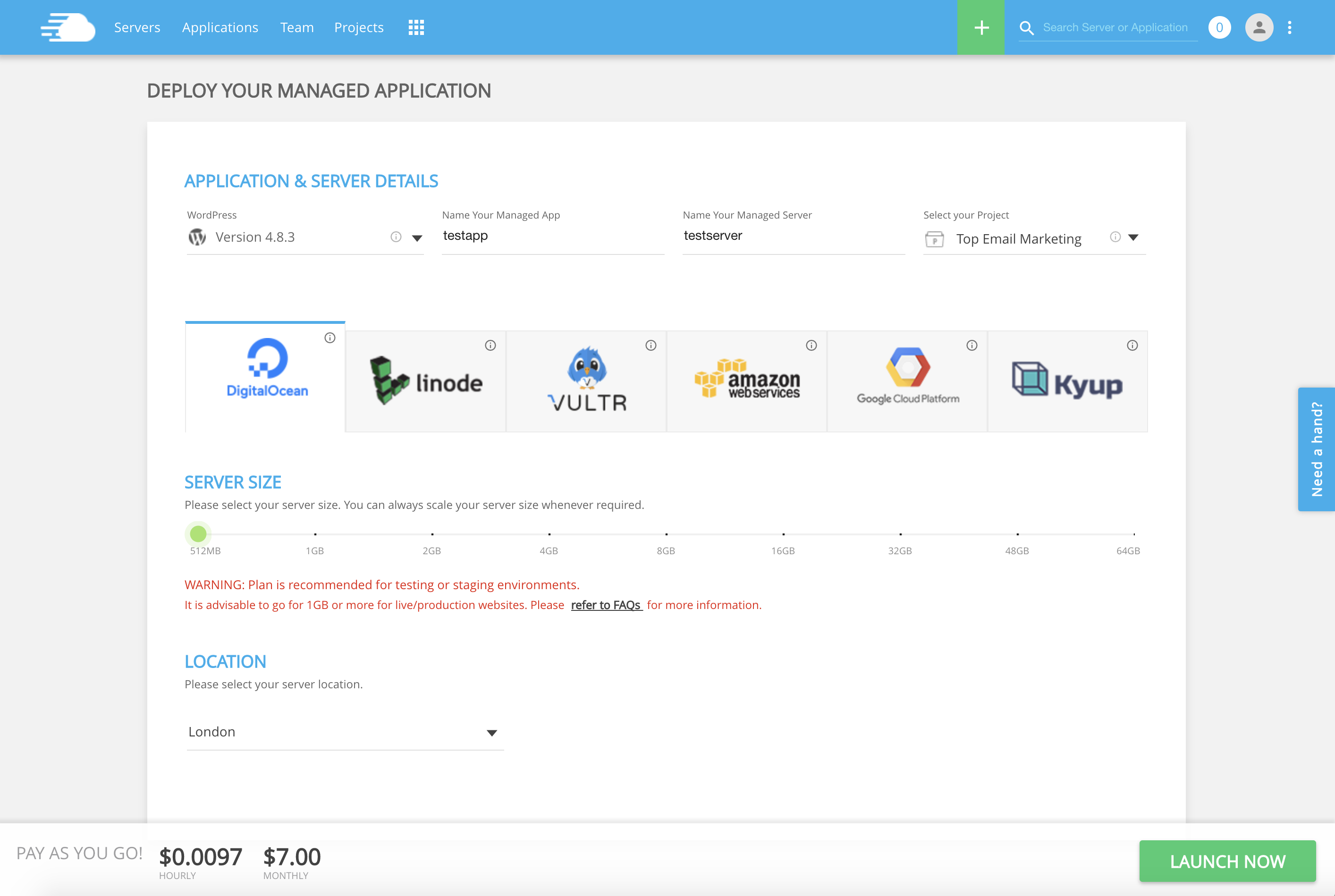 select server size and cloud hosting