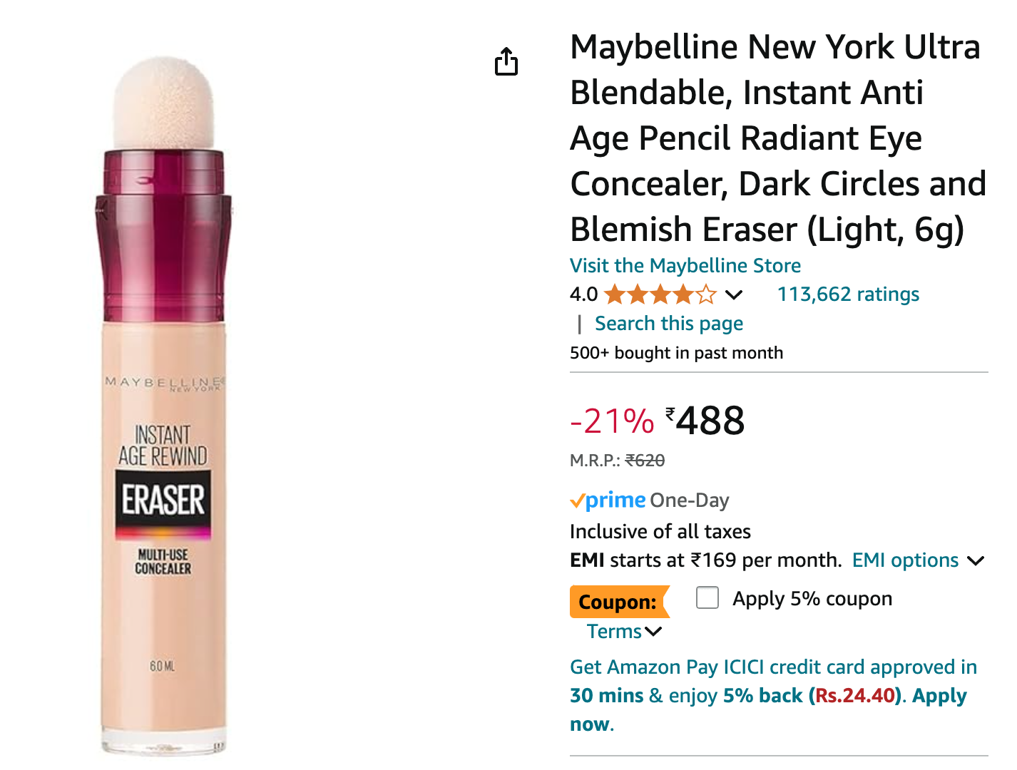 Maybelline New York Ultra Blendable, Instant Anti Age Pencil Radiant Eye Concealer, Dark Circles and Blemish Eraser (Light, 6g)