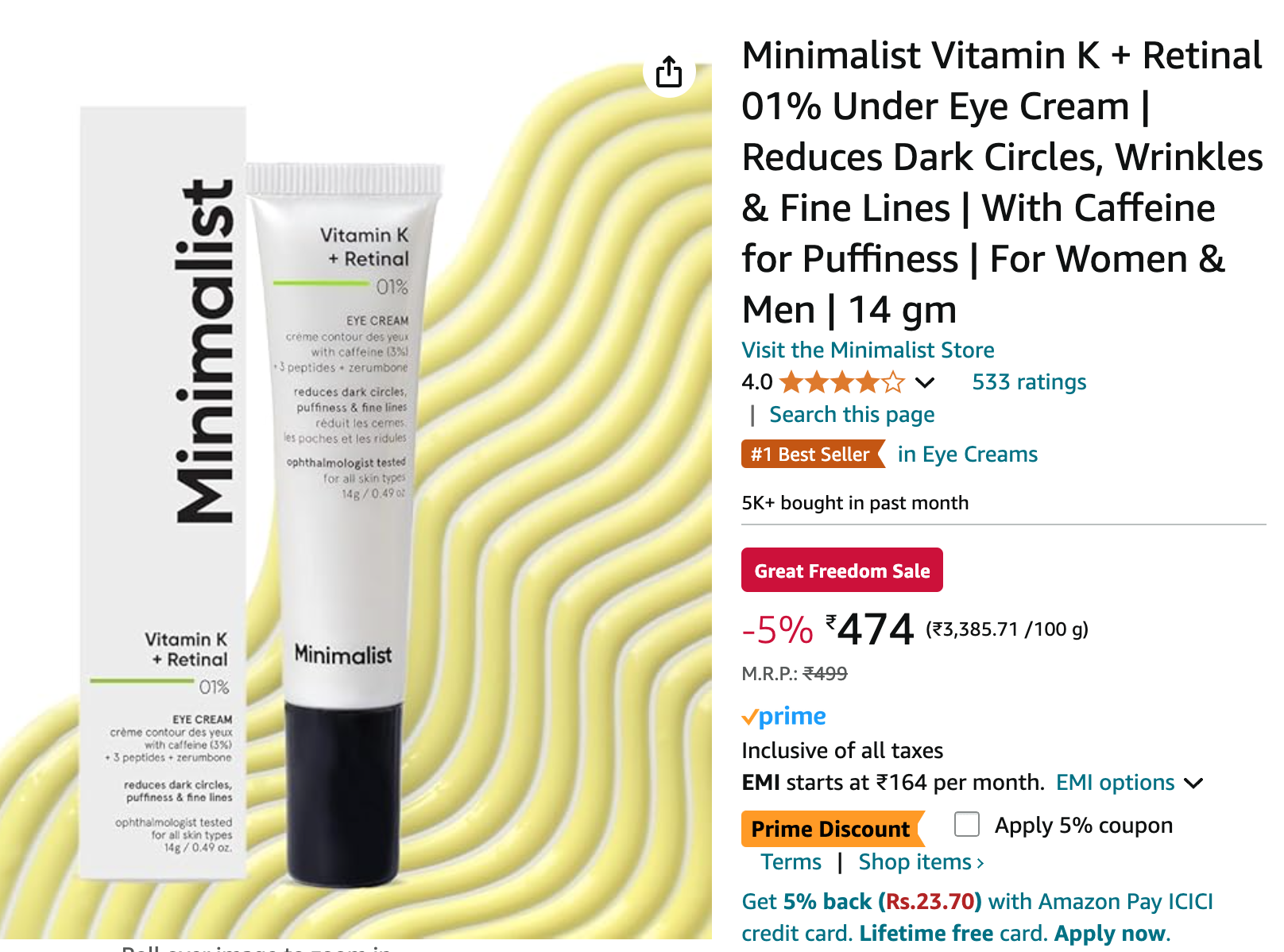 Minimalist Vitamin K + Retinal 01% Under Eye Cream