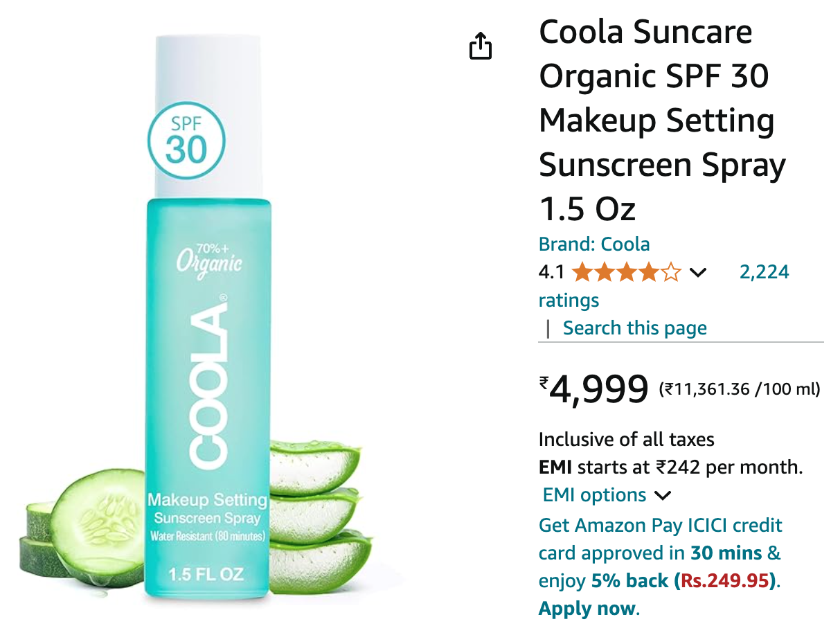 Coola Suncare Organic SPF 30 Makeup Setting Sunscreen Spray 1.5 Oz