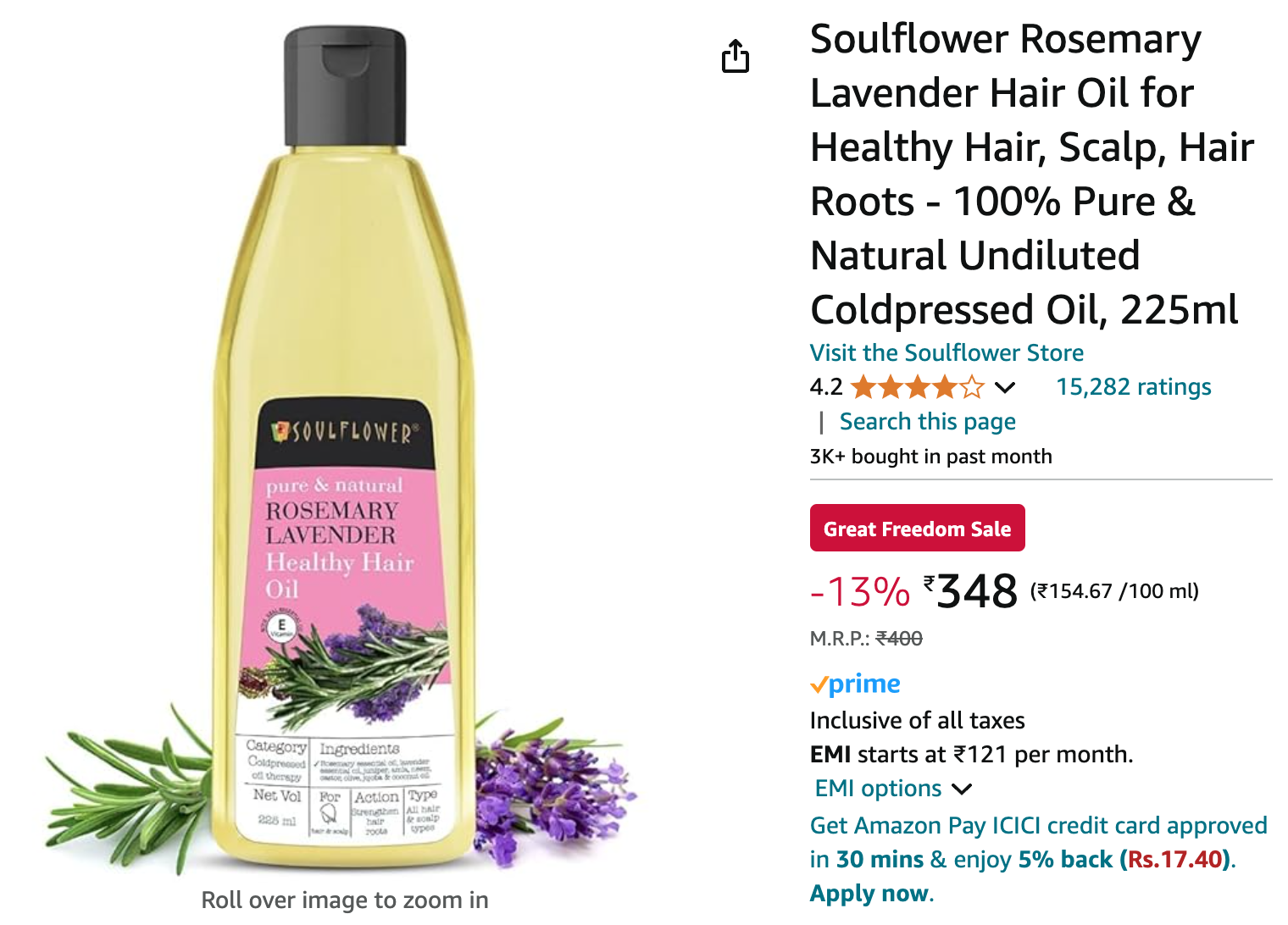 Soulflower Rosemary Lavender Hair Oil for Healthy Hair, Scalp, Hair Roots