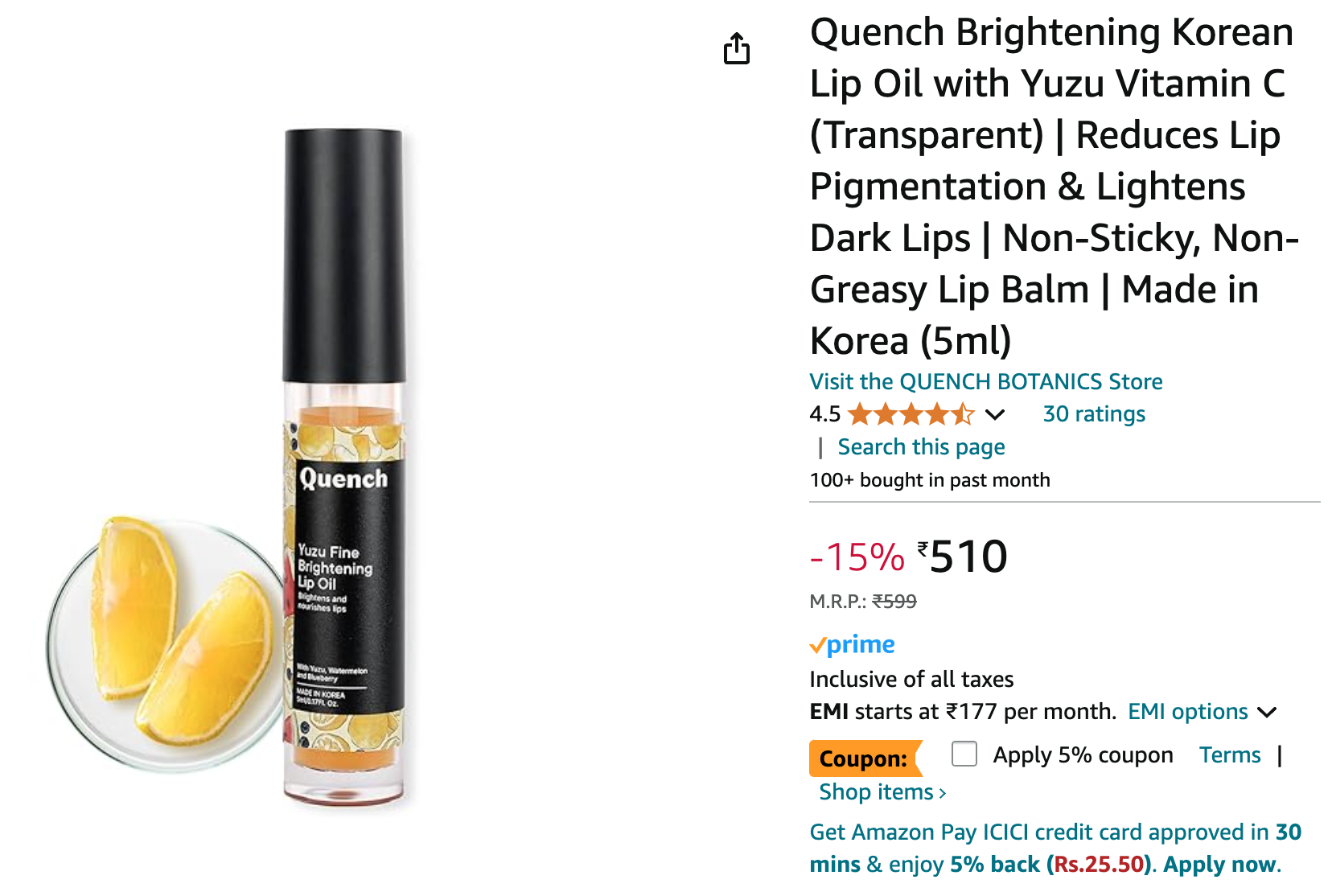 Quench Brightening Korean Lip Oil with Yuzu Vitamin C (Transparent)