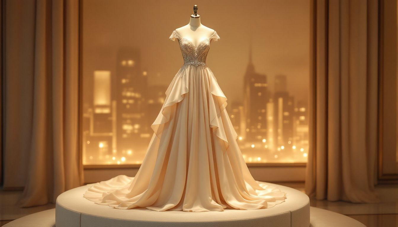 An elegant wedding guest dress displayed on a mannequin, showcasing formal styles suitable for various dress codes.